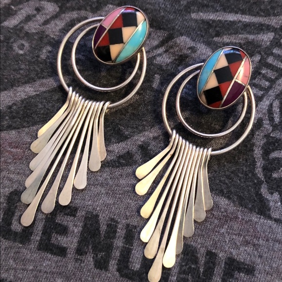 Quoc Jewelry - Southwestern Sterling Inlay Multi-stone Earrings